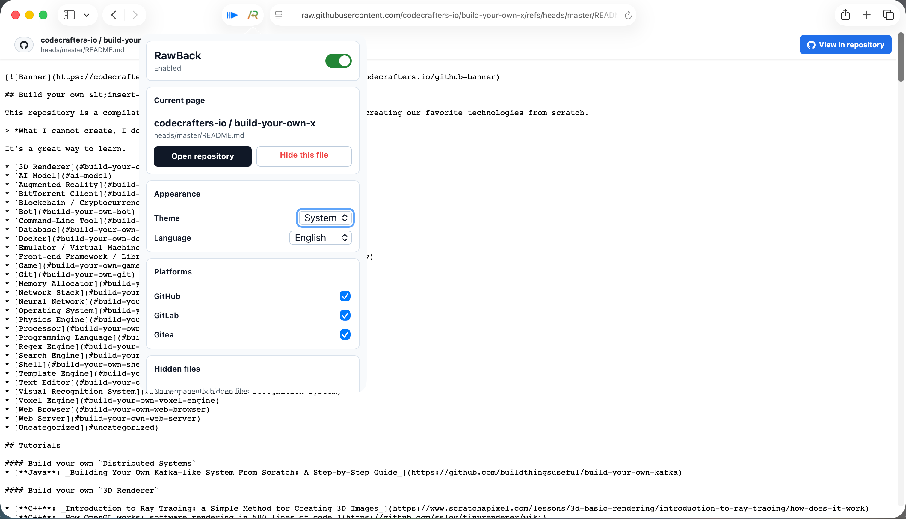 RawBack showing a repository navigation banner on a raw GitHub file in Safari